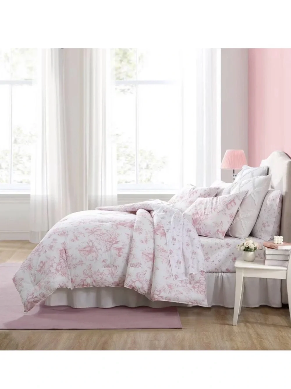 Laura Ashley 3pc King Delphine Comforter Bedding Set Pink matching storage bag